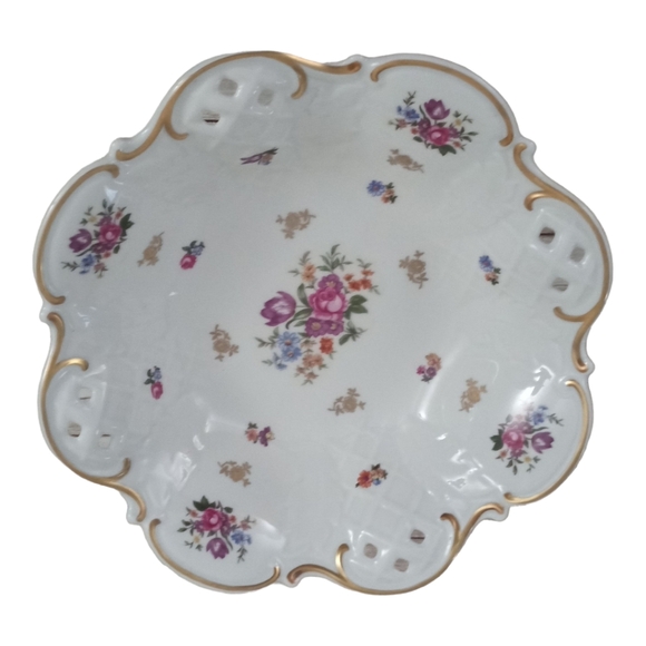 Reichenbach Bone China Bowl Footed 11" White Floral Gold Trim Germany GDR VTG - Picture 1 of 9
